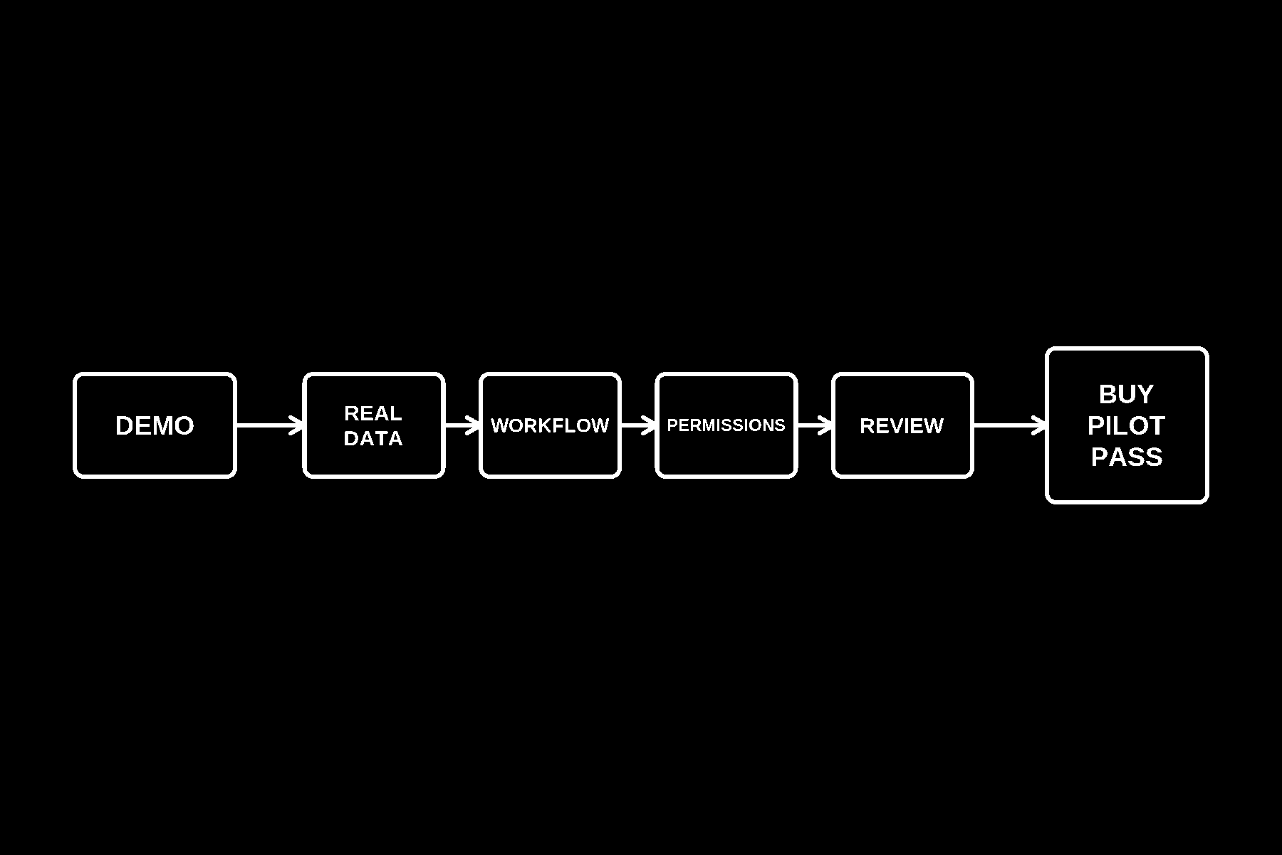 Linear sequence: Demo, Real Data, Workflow, Permissions, Review, Buy or Pilot Pass